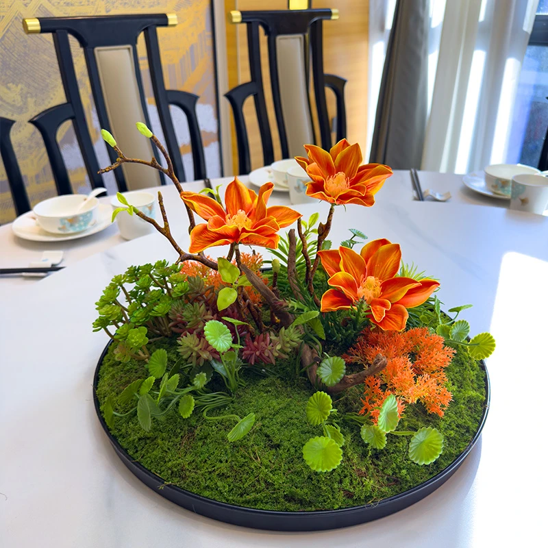 酒店圆桌转盘仿真玉兰花餐桌花轻奢餐厅包厢中间摆件茶几玄关装饰