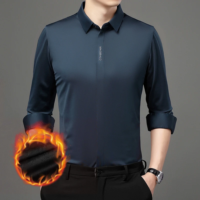 男士中年长袖暗门襟无痕高档商务休闲轻奢衬衫薄款加绒