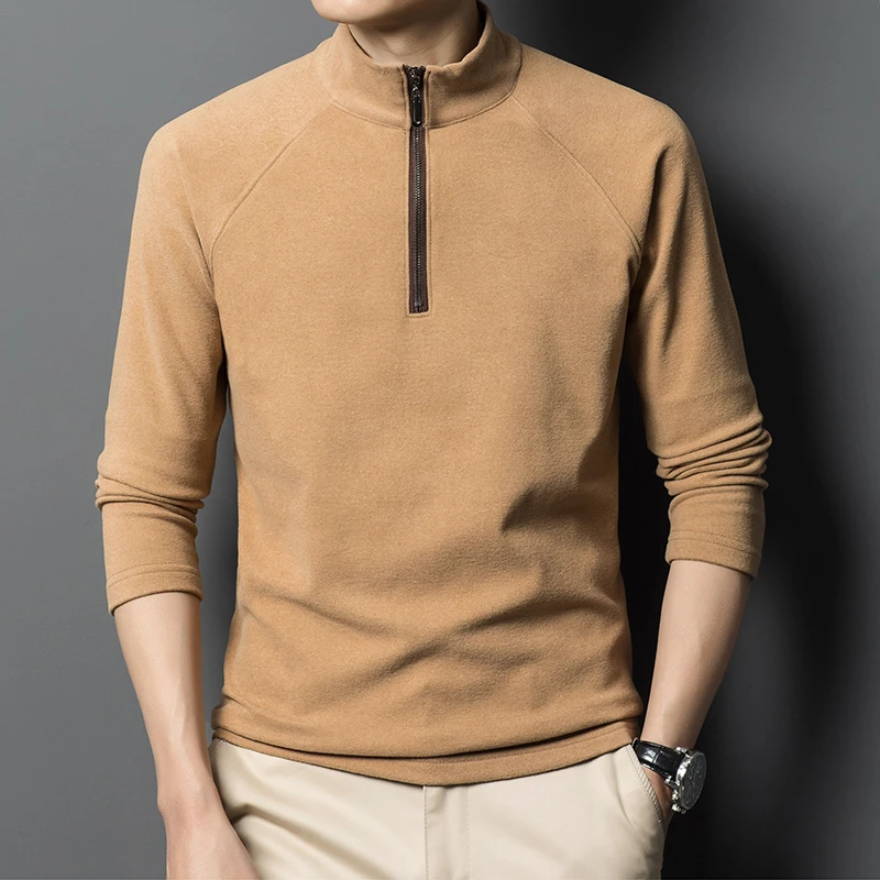 老爷车秋冬新款纯色立领T恤中老年休闲保暖打底衫POLO衫德绒上衣