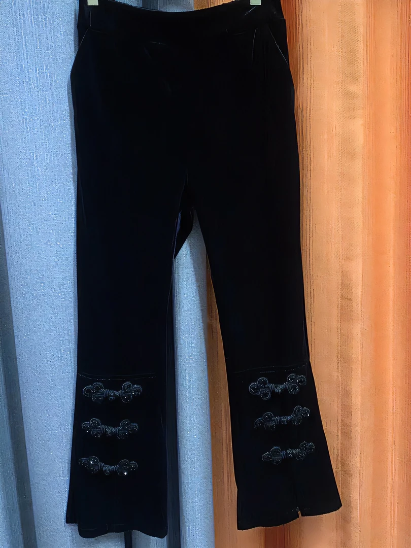 1115丝绒角盘扣时尚小角裤百搭休闲打底女士国风裤子微喇黑色中式