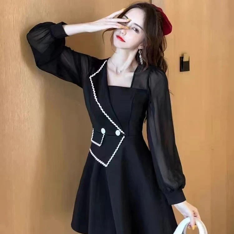 秋冬南韩罗马时尚拼接连体裙气质显瘦长袖法式修身连衣裙裙子黑色