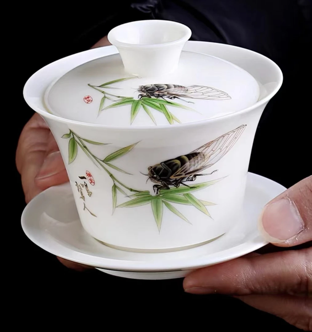 陶源茶具/简约羊脂玉三才盖碗泡茶白瓷家用带盖单个茶盖碗瓷盖碗