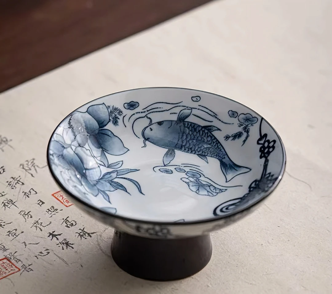 陶源茶具/精美青花高脚茶点陶瓷鱼戏莲池茶果盘家用复古小盘6*12