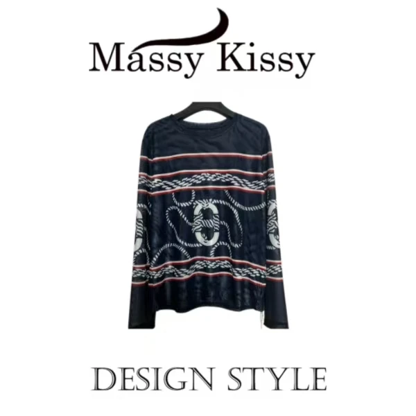 藏青色猪鼻子长袖t恤女装秋装2025年新款上衣高端欧货网纱 953#