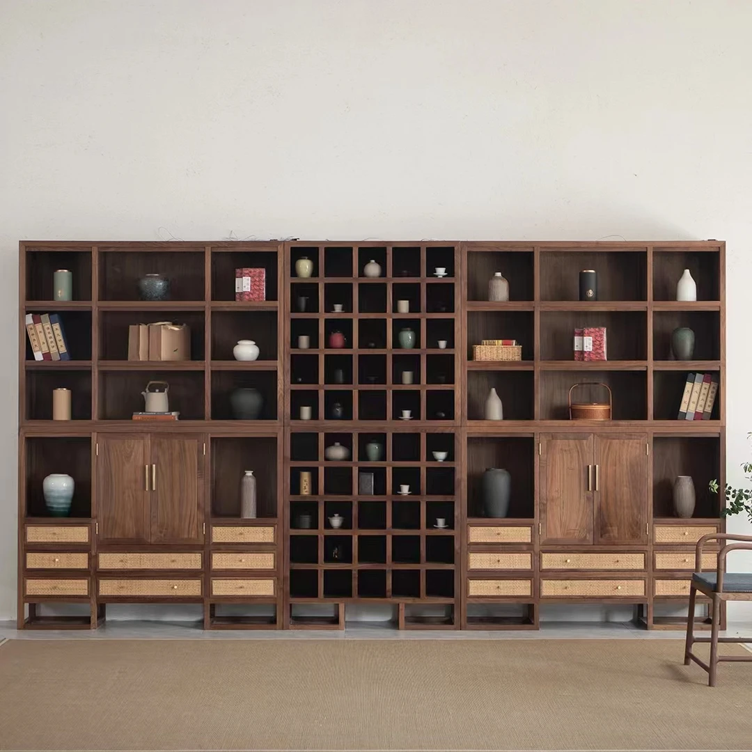 新中式黑胡桃实木整面墙书柜组合落地客厅博古架多宝阁置物架