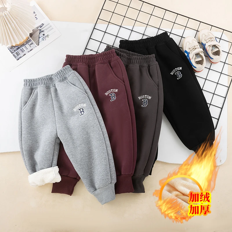 冬季刺绣加绒加厚羔羔绒男童女童外穿保暖休闲裤洋气