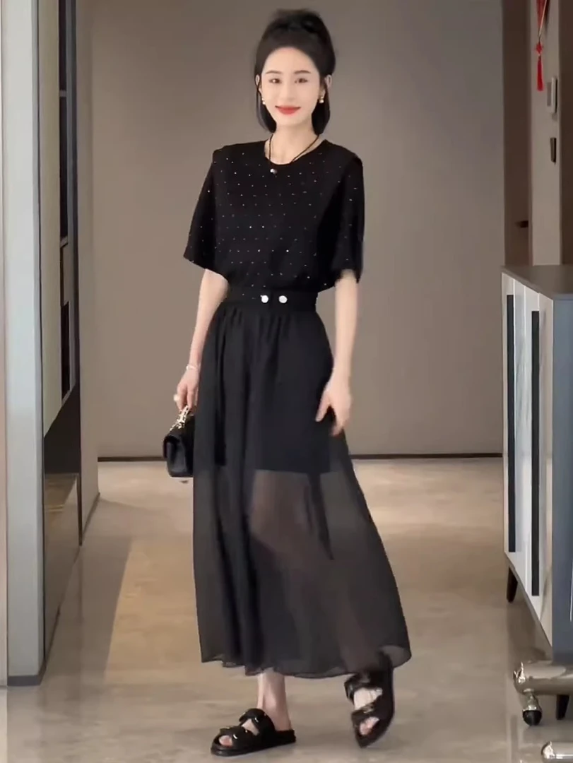 黑色亮闪闪连衣裙女夏高级感气质显瘦宽松t恤裙两件套装纱裙叠穿