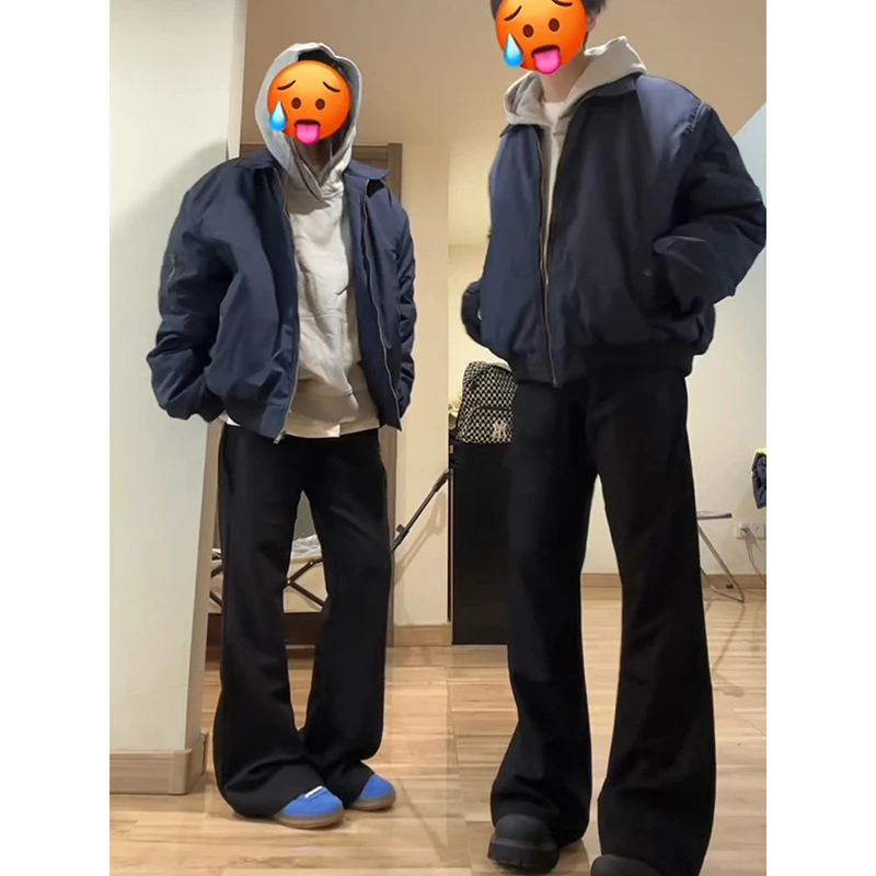 藏青色短款飞行夹克外套男秋冬款加厚保暖情侣棉服美式夹棉棒球服