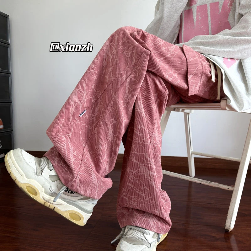 粉色灯芯绒裤子男款秋冬2024新款闪电纹工装裤宽松直筒阔腿休闲裤