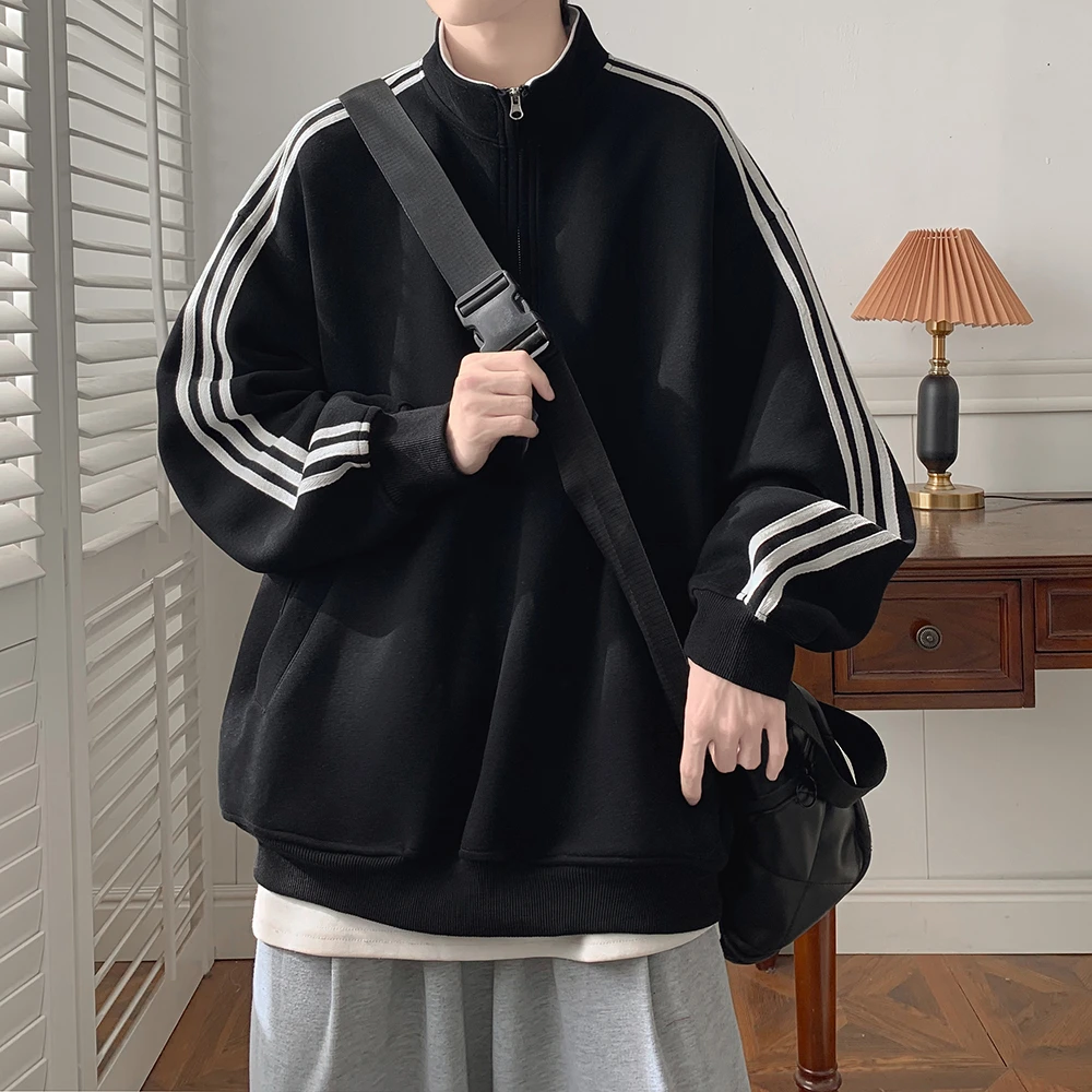 oversize半拉链卫衣男春秋季2024新款学院风潮流运动大码无帽上衣