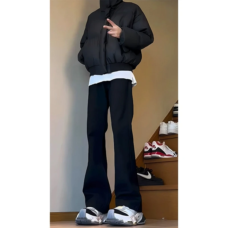 黑色高腰弯刀软牛仔裤男款高个子加长窄版裤子美式高街直筒微喇裤