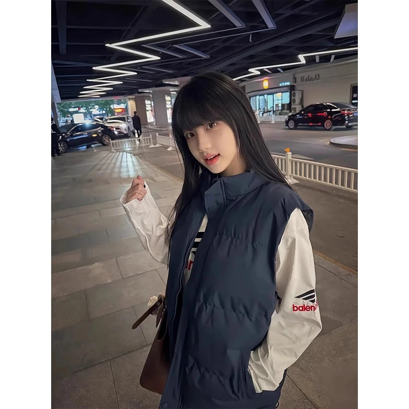 藏蓝色情侣棉马甲冬季保暖立领oversize坎肩日系复古叠穿无袖棉服