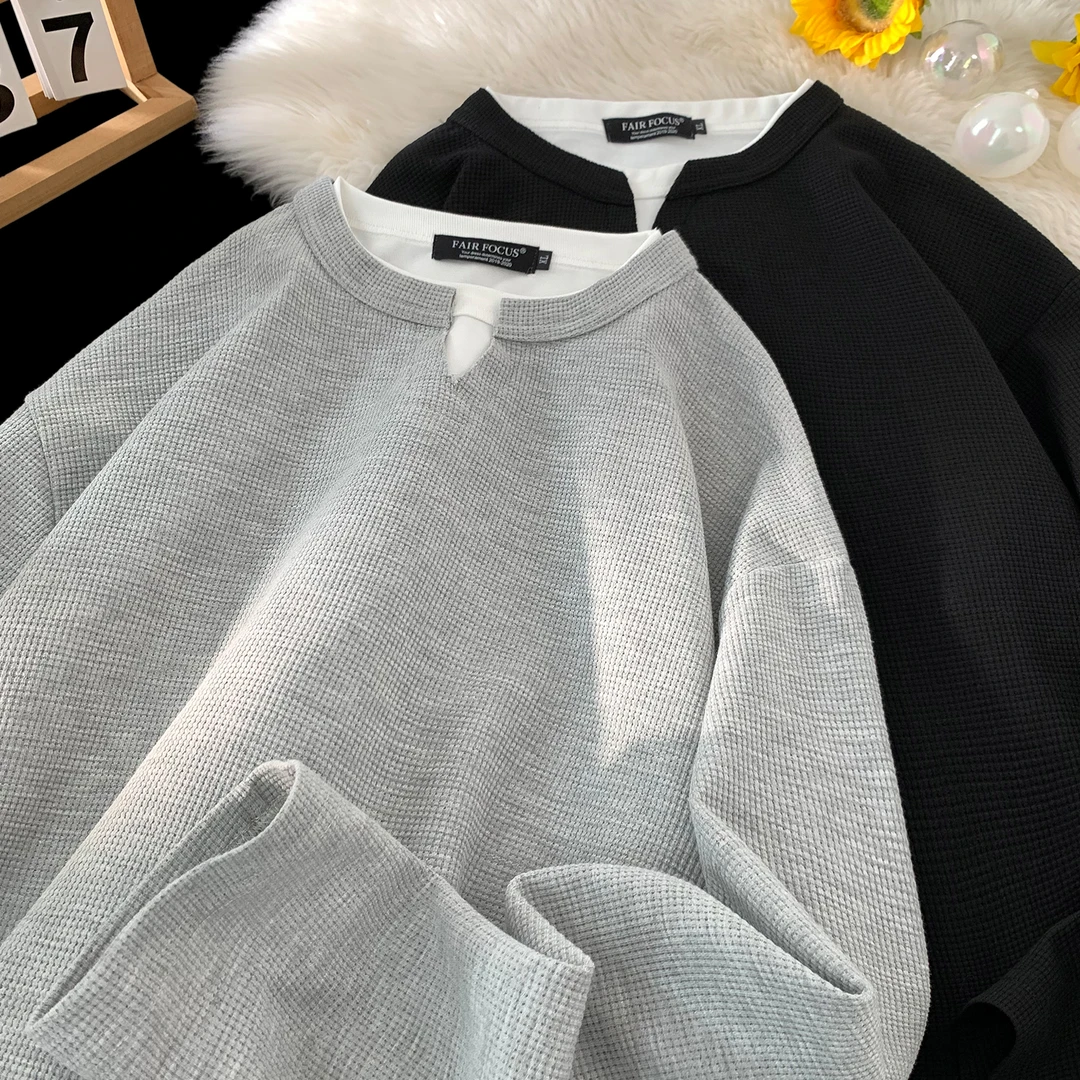 【初秋穿搭】假两件华夫格V领卫衣男美式复古休闲潮牌长袖T恤打底衫