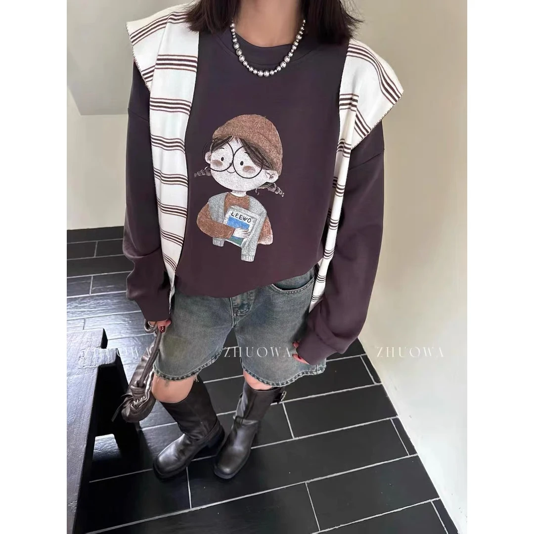 《1001》2024早秋新款女孩印花宽松减龄长袖卫衣女