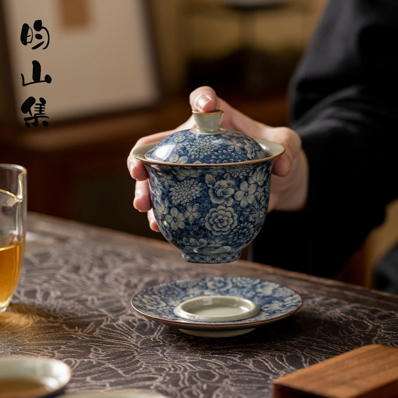 三才盖碗古风青花单个高档盖碗三件套陶瓷泡茶杯功夫茶具敬茶碗