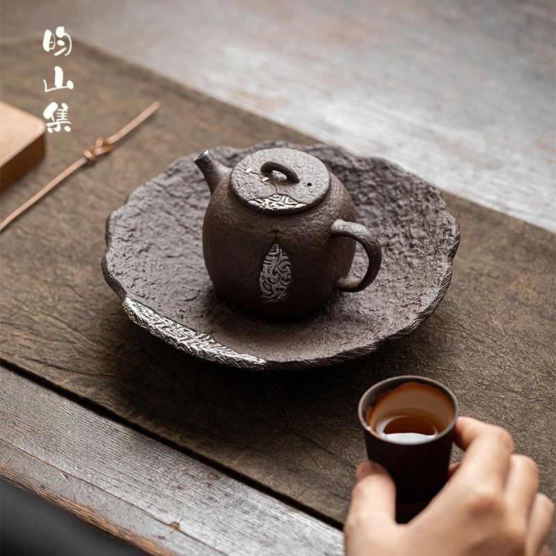 茶壶泡茶手工鎏银老岩泥钟鼎壶中式复古黑陶手把壶功夫茶具小单壶