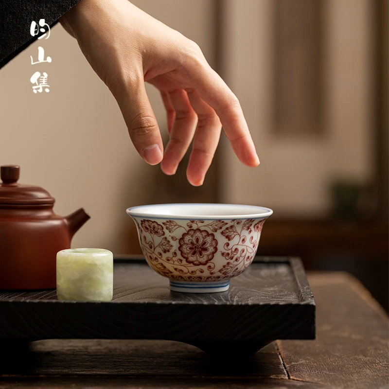 主人杯茶杯景德镇手工仿古青花缠枝莲压手杯个人专用高档陶瓷单杯