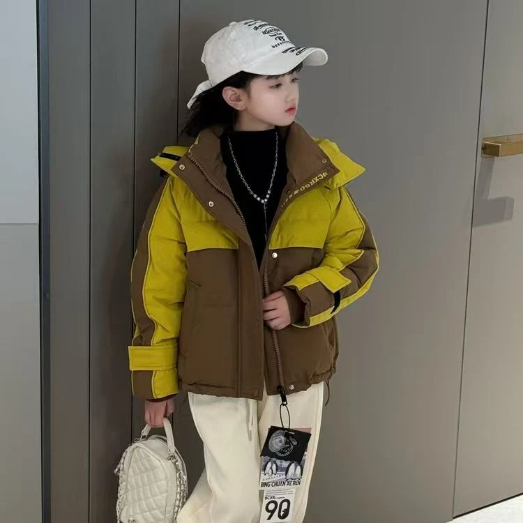 女童冬季女童韩版休闲羽绒服2024新款拼接时尚百搭短款加厚羽绒服