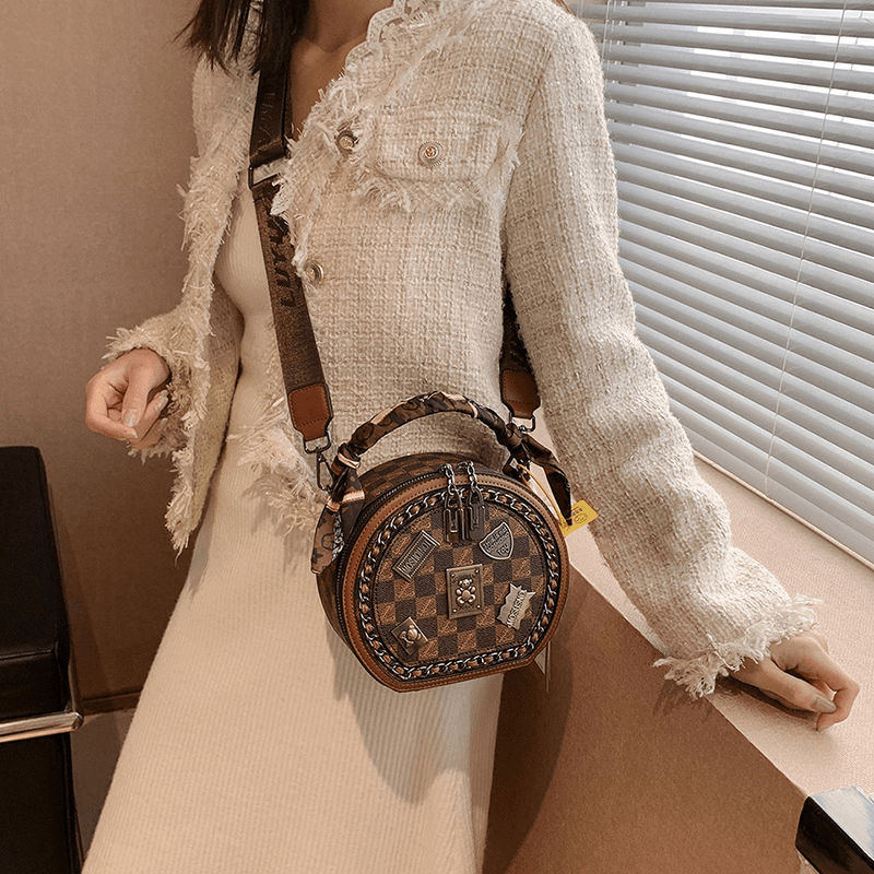 小圆包双层拉链小众印花单肩斜挎包时尚复古质感小包包女包圆形包