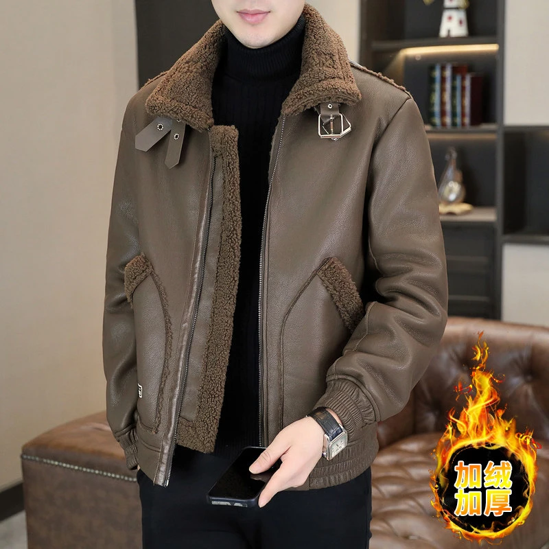 冬装加绒加厚皮毛一体皮衣外套秋冬季翻领保暖休闲短款潮流夹克男