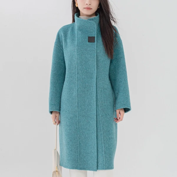 2024牦牛绒女士纯色长款休闲气质立领加厚双面呢大衣毛呢外套2415