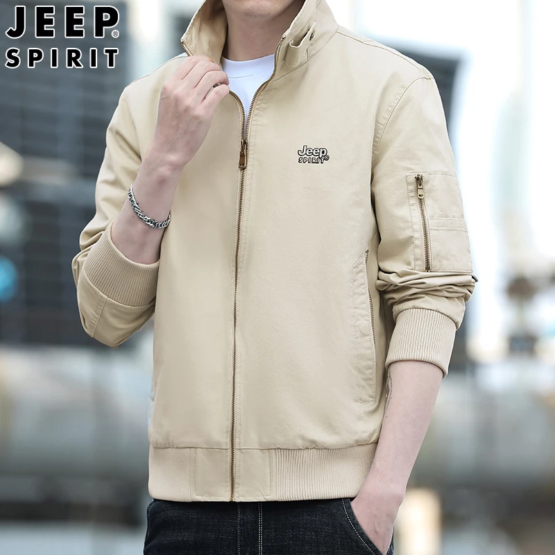吉普JEEP夹克男秋冬新款中青年休闲外套商务翻领简约防风保暖开衫