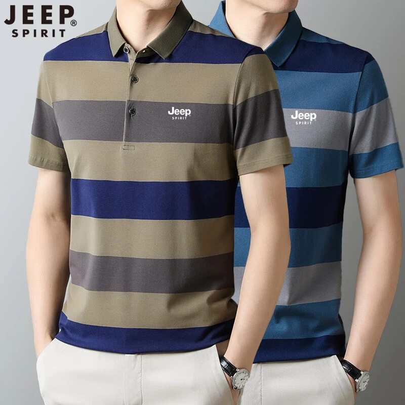 吉普（JEEP）短袖T恤男夏季Polo商务休闲衫男士条纹条纹棉翻领保罗