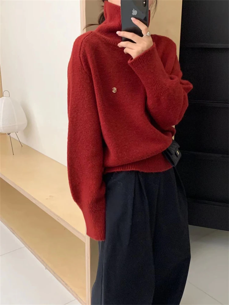 韩系红色高领毛衣女秋冬2023新款爆款慵懒洋气百搭软糯打底针织衫