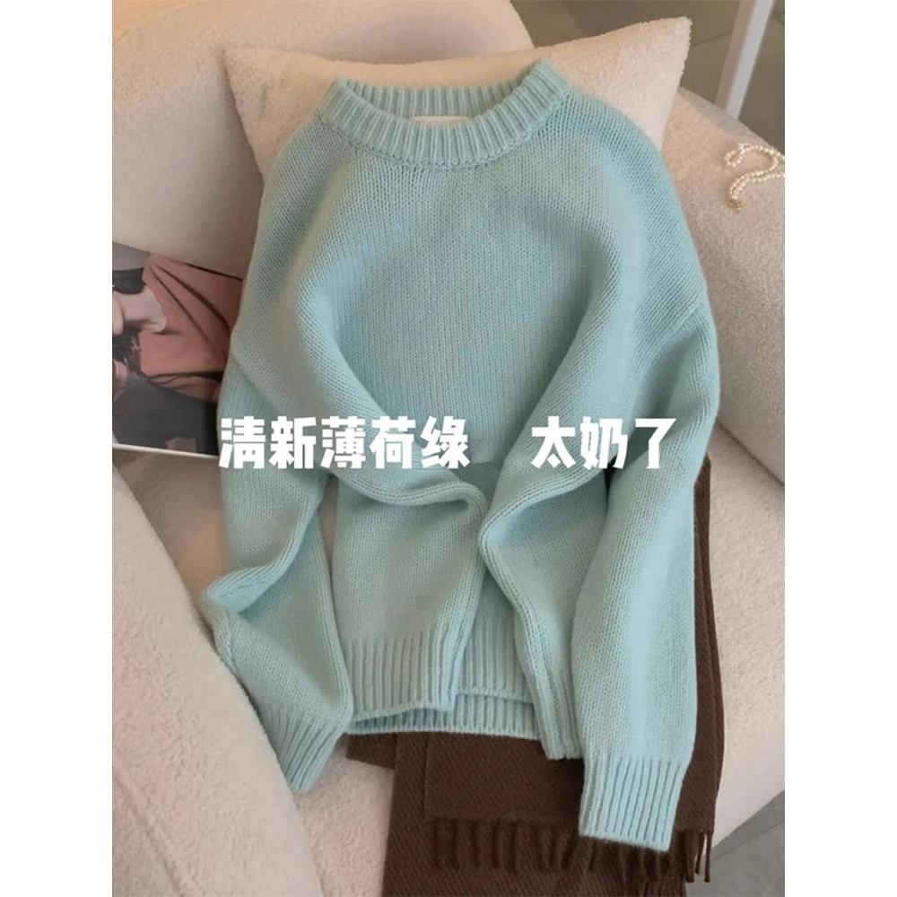 蓝色浣熊绒毛衣女冬季秋冬慵懒风设计感小众高级感套头针织上衣