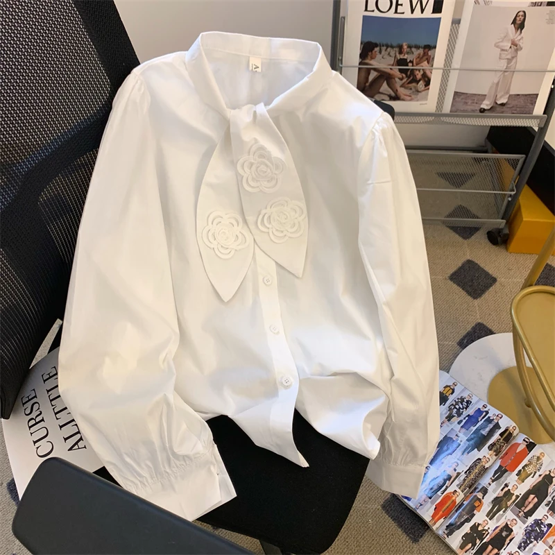 漂亮的蝴蝶结衬衫女2024春秋网红爆款白色衬衣法式小众高级感气质