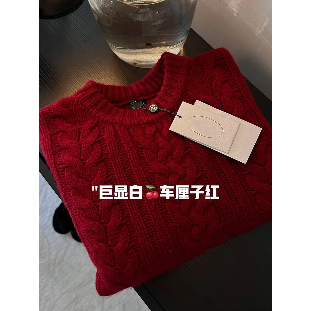 CHAO级推荐！巨显白~新年氛围感超好看车厘子红色套头麻花毛衣女