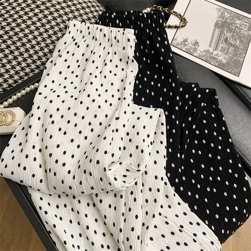 冰丝波点裤女夏季薄款2024爆款百搭休闲裤高腰垂感直筒拖地阔腿裤