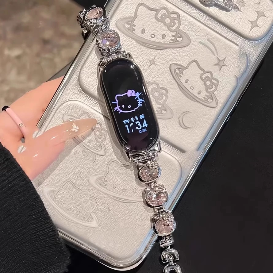 适用小米手环10表带金属镶钻KT猫小米手环9女款腕带小米8/小米10