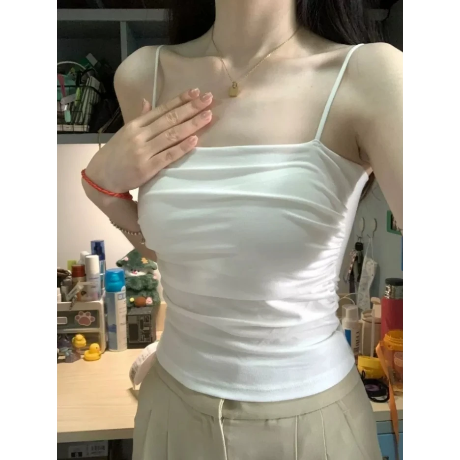 学院风细肩带高级感甜辣纯欲风小个子细肩带褶皱吊带背心女潮E576