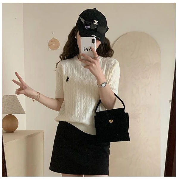 夏日小刺绣针织衫女韩版短袖小马麻花圆领T恤学院风打底上衣女装