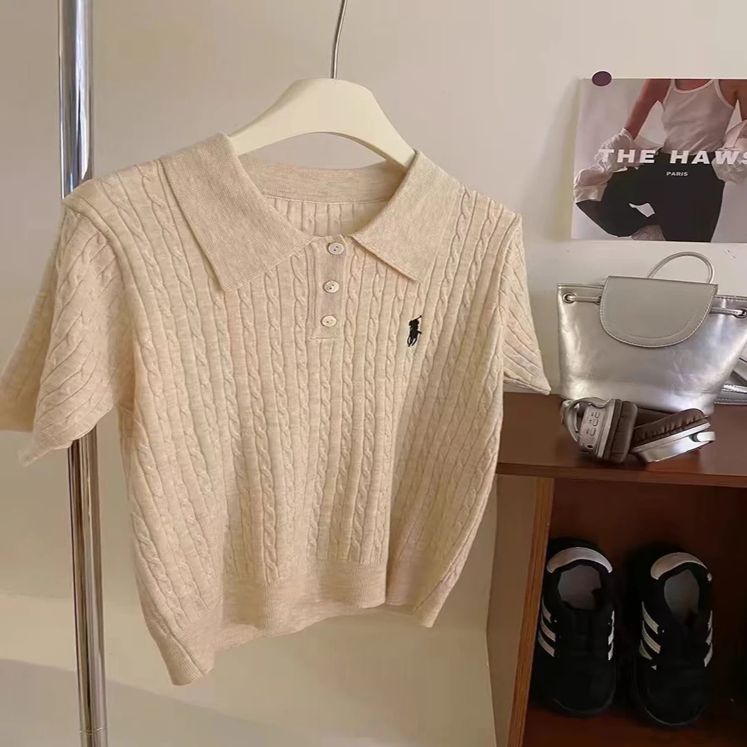 ins风小马刺绣短袖polo领灰色针织衫女春夏复古麻花百搭小衫上衣