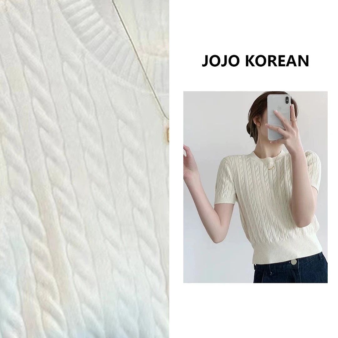 美式辣妹正肩圆领短袖T恤女春夏修身显瘦纯色弹力麻花针织小上衣