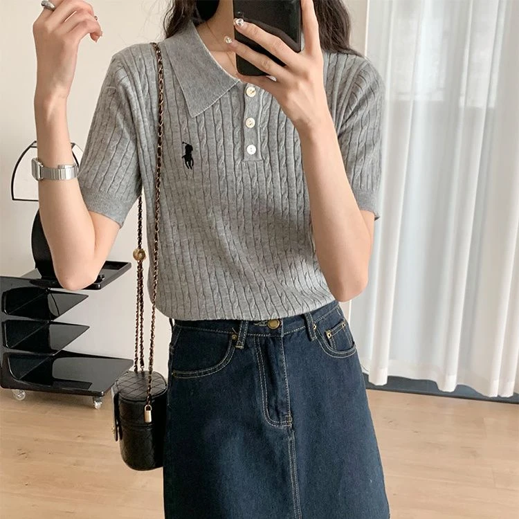 ins风小马刺绣短袖polo领灰色针织衫女春夏复古麻花百搭小衫上衣