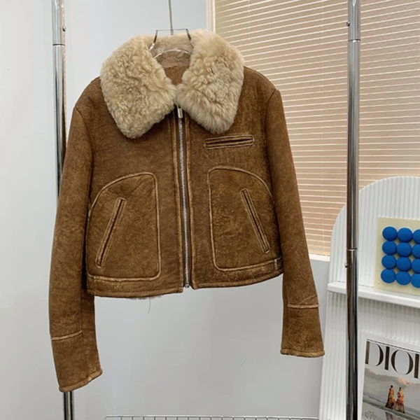 法式复古美拉德美利奴皮毛一体外套女2023秋冬新款时髦夹克上衣