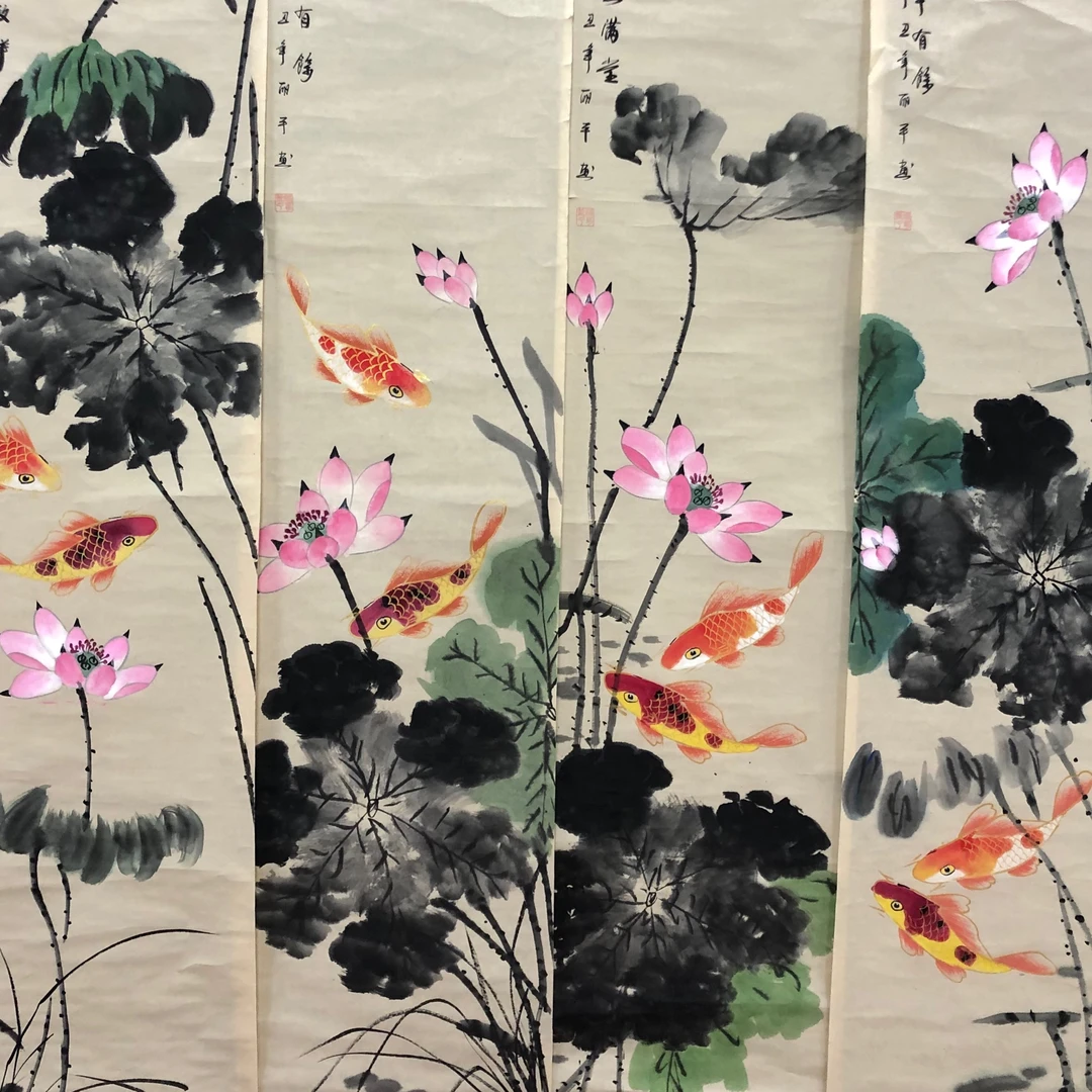 纯手绘 画芯 办公室 卧室 客厅 背景墙荷花鱼条屏