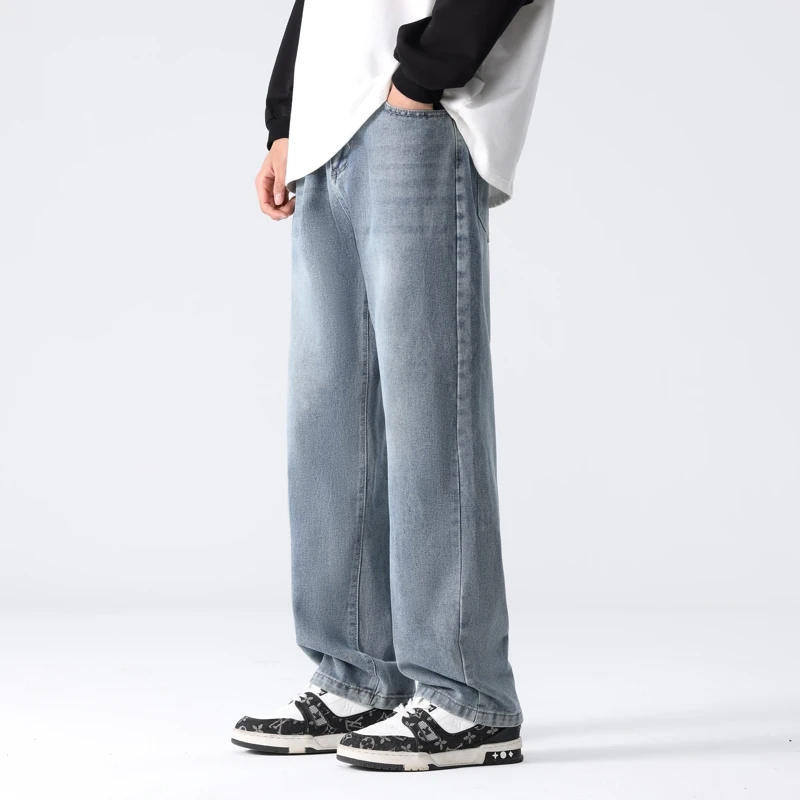 青少年秋季新款休闲牛仔裤男士显瘦直筒百搭复古高街港风宽松长裤