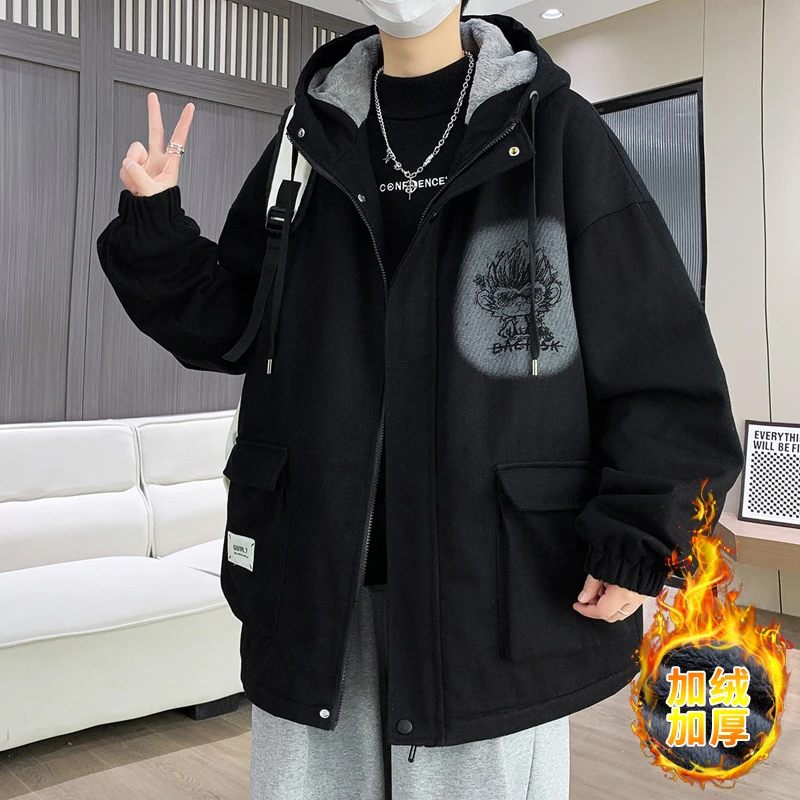 冬季新款加绒加厚韩版外套夹克男士休闲宽松潮流韩版青少年连帽男