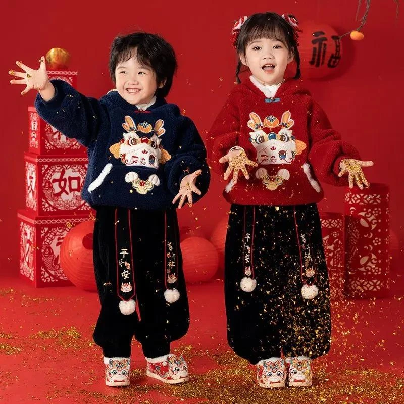 新品巴拉巴拉男女童冬装拜年服套装2024龙年加绒加厚卫衣喜庆元旦