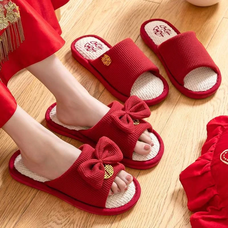 结婚春秋拖鞋喜字红色一对四季款室内居家防滑蝴蝶结喜庆春秋情侣