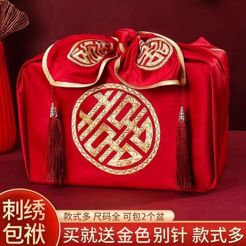 新款结婚包袱皮红色高档喜庆包裹红布盖头新娘陪嫁婚庆刺绣包盆