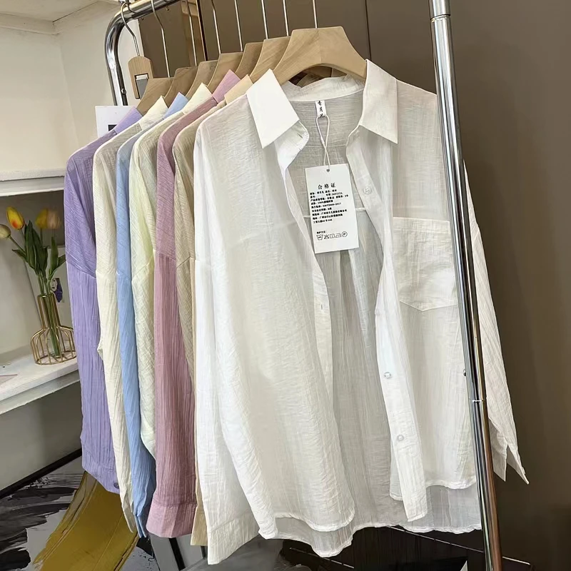 韩系慵懒风防晒衬衫女薄外搭开衫小个子衬衣夏季天中长款宽松上衣