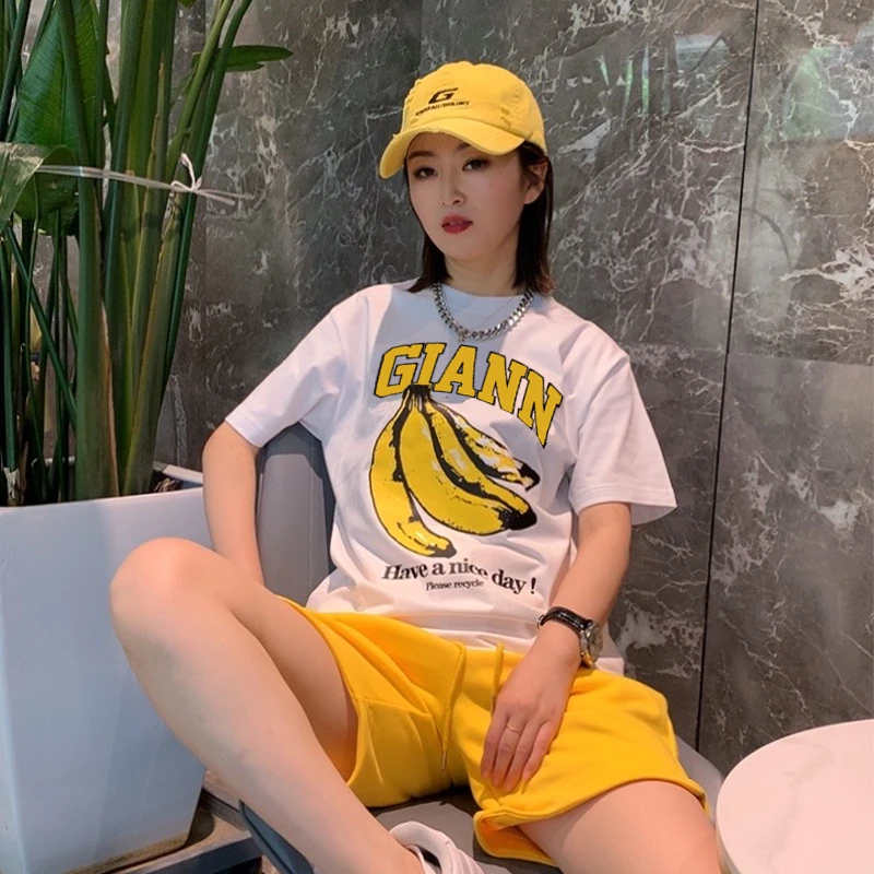 黄香蕉-260k重磅精梳棉印花短袖男情侣白恤男体恤潮流宽松圆领
