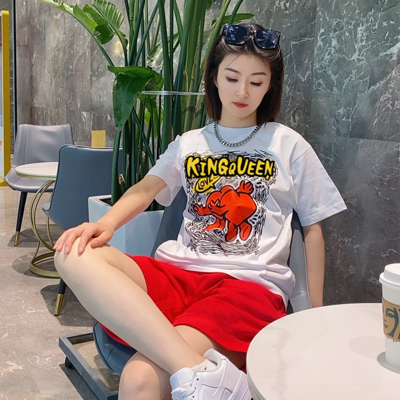 拥抱爱心-260k重磅精梳棉印花短袖男情侣白恤男体恤潮流宽松圆领