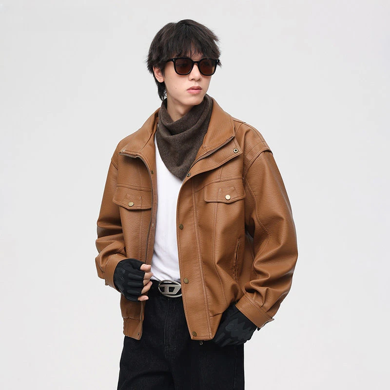 新款秋冬复古棕色机车男皮夹克潮流皮衣外套