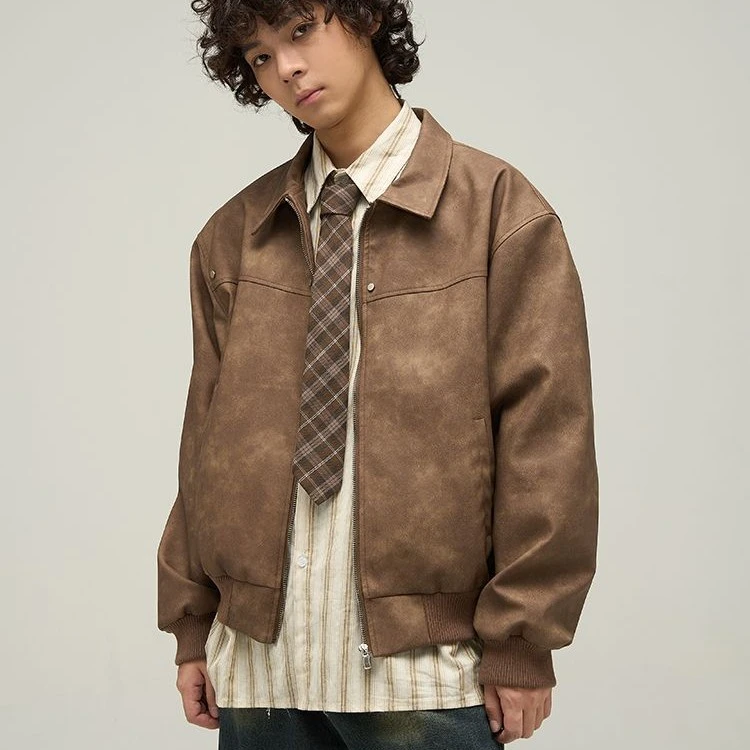 秋款美式复古做旧棕色皮衣外套高级感夹克